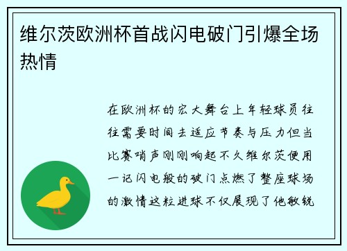 维尔茨欧洲杯首战闪电破门引爆全场热情