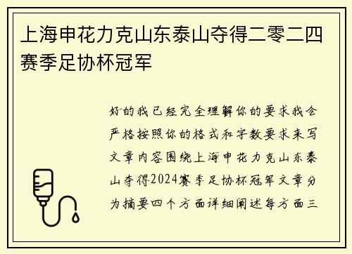 上海申花力克山东泰山夺得二零二四赛季足协杯冠军