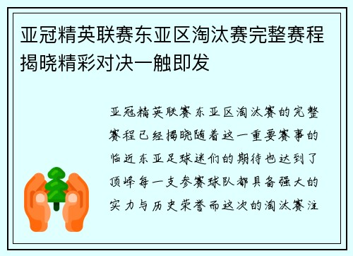 亚冠精英联赛东亚区淘汰赛完整赛程揭晓精彩对决一触即发